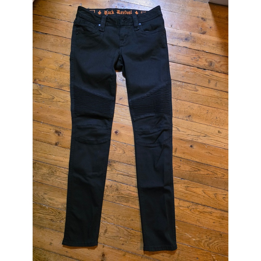 Rock Revival Sheryl Moto X Skinny Jeans Black Ribbed Knee Biker Denim Womens 27